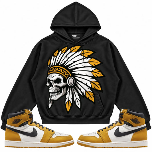Rebranded Studios Chief 2.0 Air Jordan 1 Retro High OG Yellow Ochre Black hoodie — front with sneakers