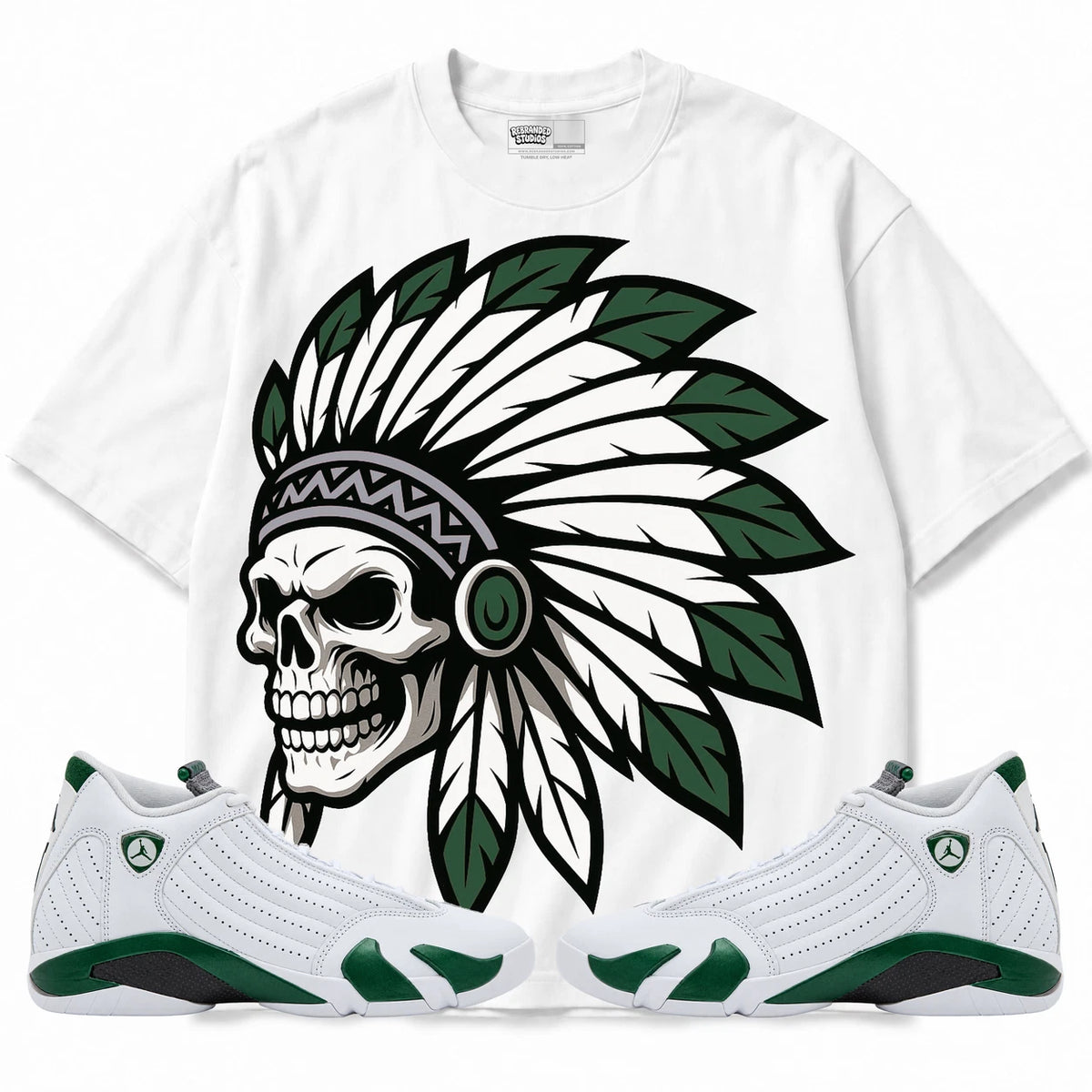 Rebranded Studios Chief 2.0 Air Jordan 14 Forest Green white shirt — front with sneakers