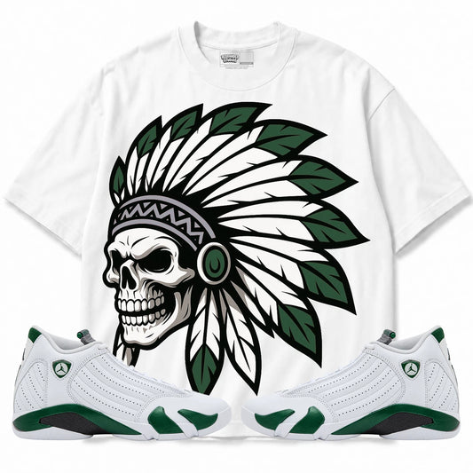 Rebranded Studios Chief 2.0 Air Jordan 14 Forest Green white shirt — front with sneakers