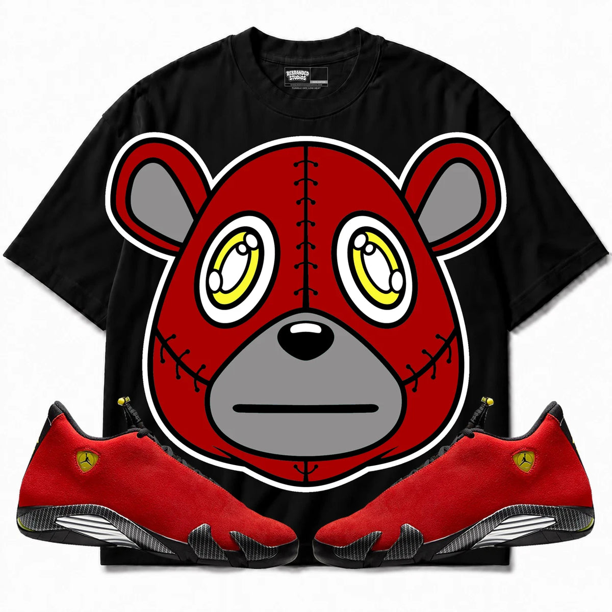 Rebranded Studios Rebranded Bear Air Jordan 14 Ferrari Black shirt — front with sneakers