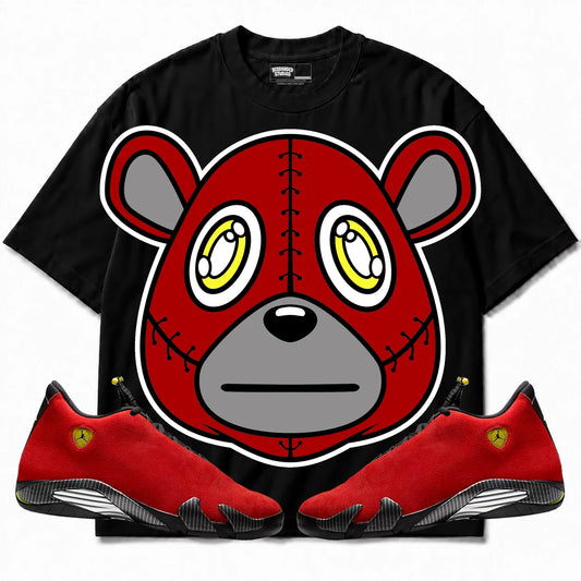 Rebranded Studios Rebranded Bear Air Jordan 14 Ferrari Black shirt — front with sneakers