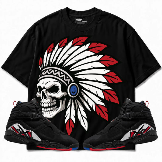 Rebranded Studios Chief 2.0 Air Jordan 8 Playoff Black shirt — front with sneakers