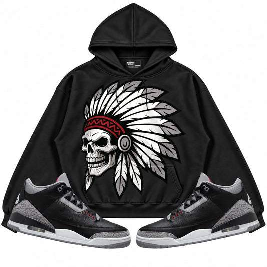 Rebranded Studios Chief 2.0 Air Jordan 3 Black Cement Black hoodie — front with sneakers