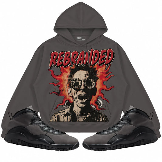 Rebranded Studios It's Alive Air Jordan 10 Shadow Collection dark charcoal gray hoodie — front with sneakers