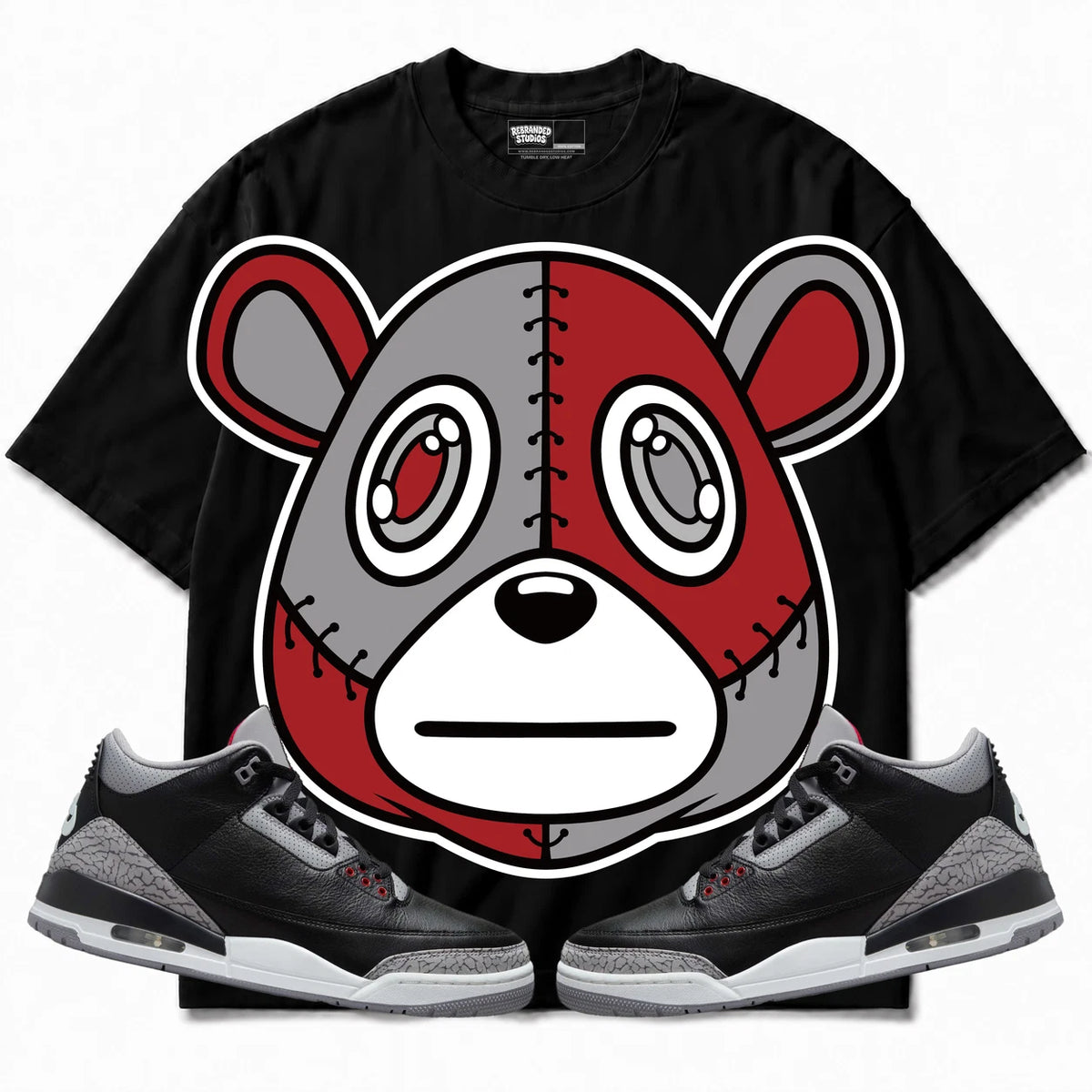 Rebranded Studios Rebranded Bear Air Jordan 3 Black Cement Collection Black shirt — front with sneakers