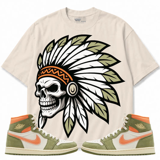 Rebranded Studios Chief 2.0 Air Jordan 1 High OG Craft “CELADON” Cream Beige shirt — front with sneakers