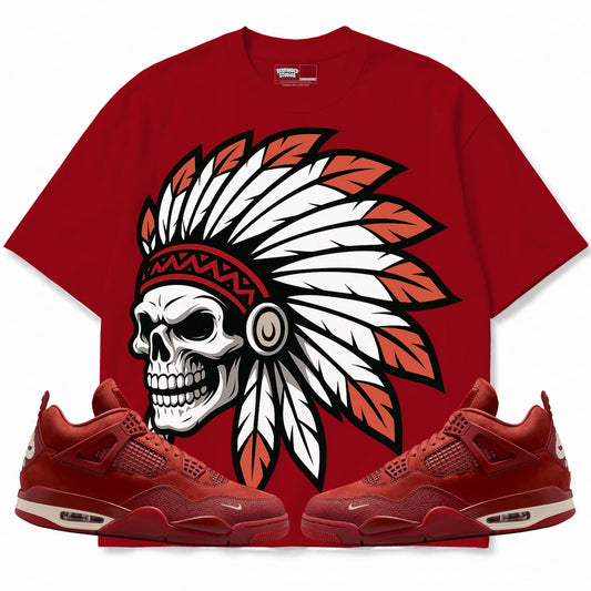 Rebranded Studios Chief 2.0 Air Jordan 4 Brick By Brick red shirt — front with sneakers