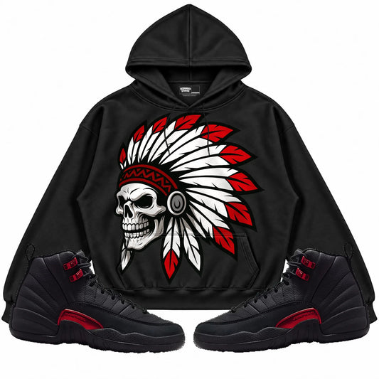 Rebranded Studios Chief 2.0 Air Jordan 12 Bloodline Black hoodie — front with sneakers