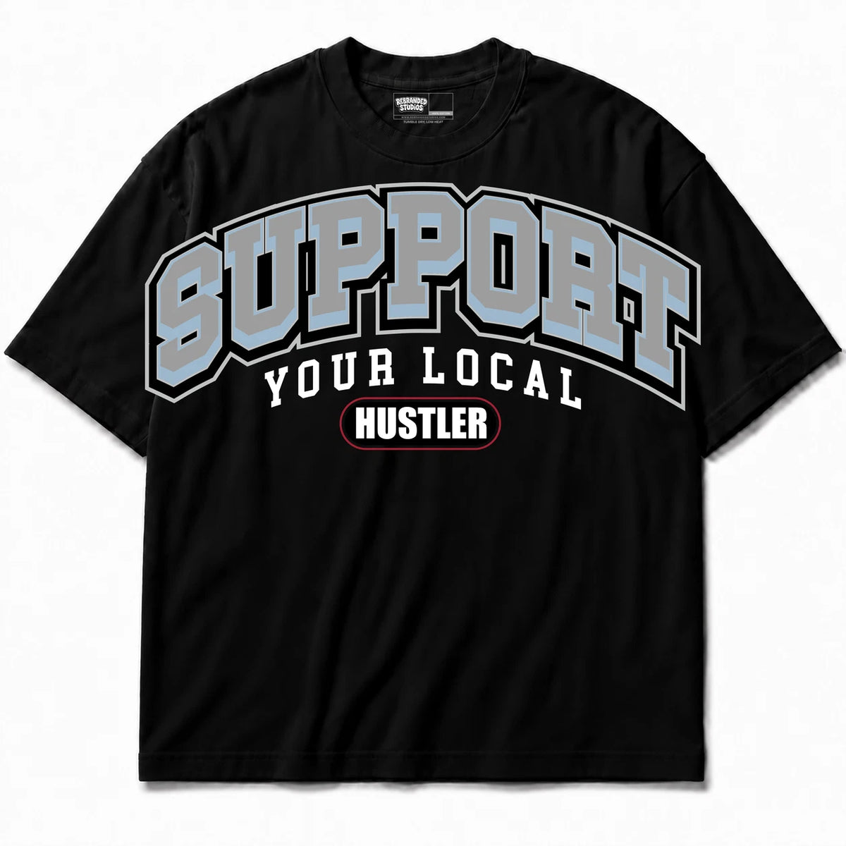 Rebranded Studios Support Your Local Hustler Air Jordan 5 Black Metallic Reimagined Black shirt — front