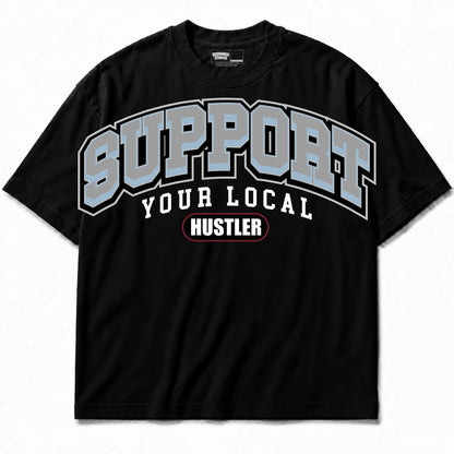 Rebranded Studios Support Your Local Hustler Air Jordan 5 Black Metallic Reimagined Black shirt — front