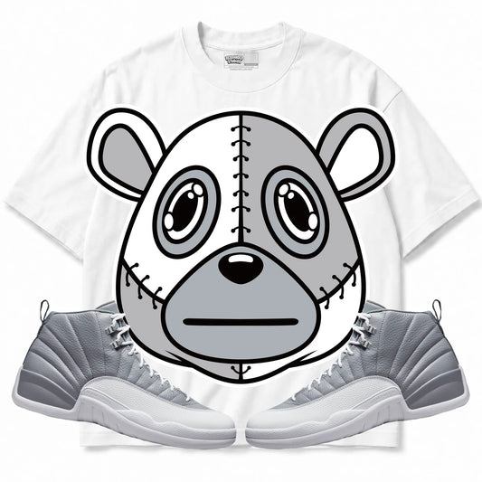 Rebranded Studios Rebranded Bear 2.0 Air Jordan Retro 12 Stealth White shirt — front with sneakers