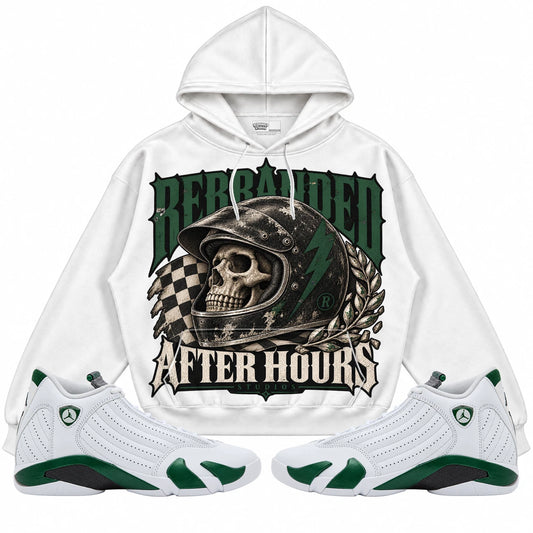 Rebranded Studios After Hours Air Jordan 14 Forest Green Collection white hoodie — front with sneakers