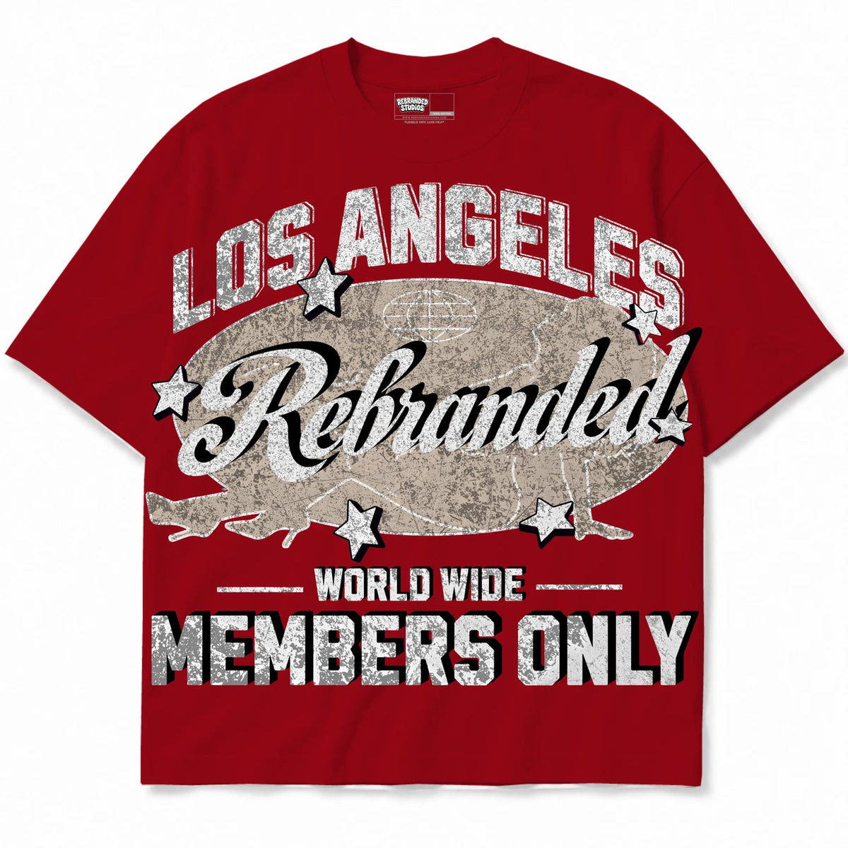Rebranded Studios Members Only Air Jordan 4 Brick By Brick red shirt — front