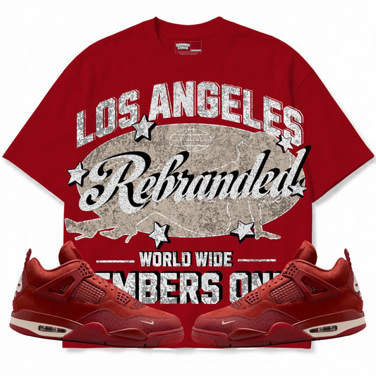 Rebranded Studios Members Only Air Jordan 4 Brick By Brick red shirt — front with sneakers