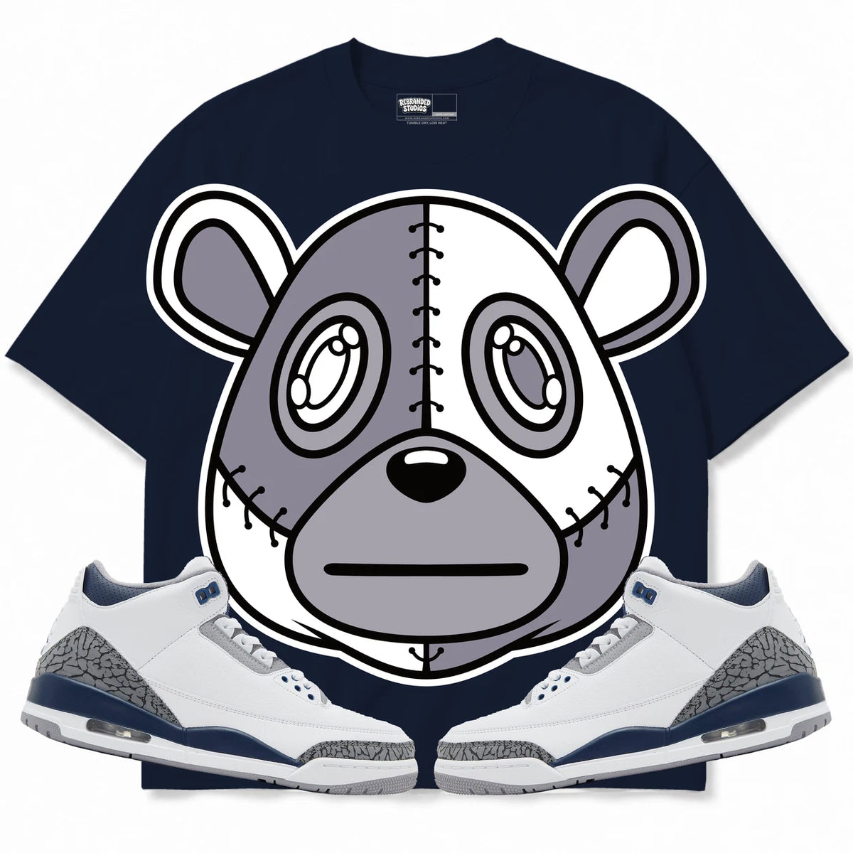 Rebranded Studios Rebranded Bear Air Jordan 3 White Navy Collection navy shirt — front with sneakers