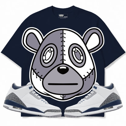 Rebranded Studios Rebranded Bear Air Jordan 3 White Navy Collection navy shirt — front with sneakers