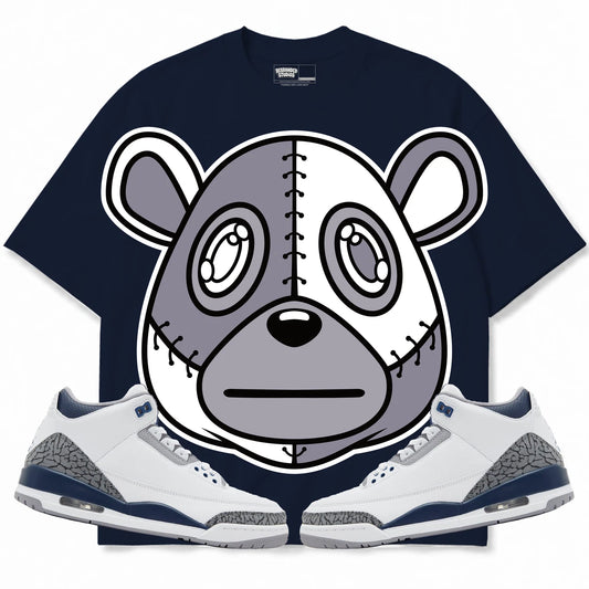 Rebranded Studios Rebranded Bear Air Jordan 3 White Navy Collection navy shirt — front with sneakers