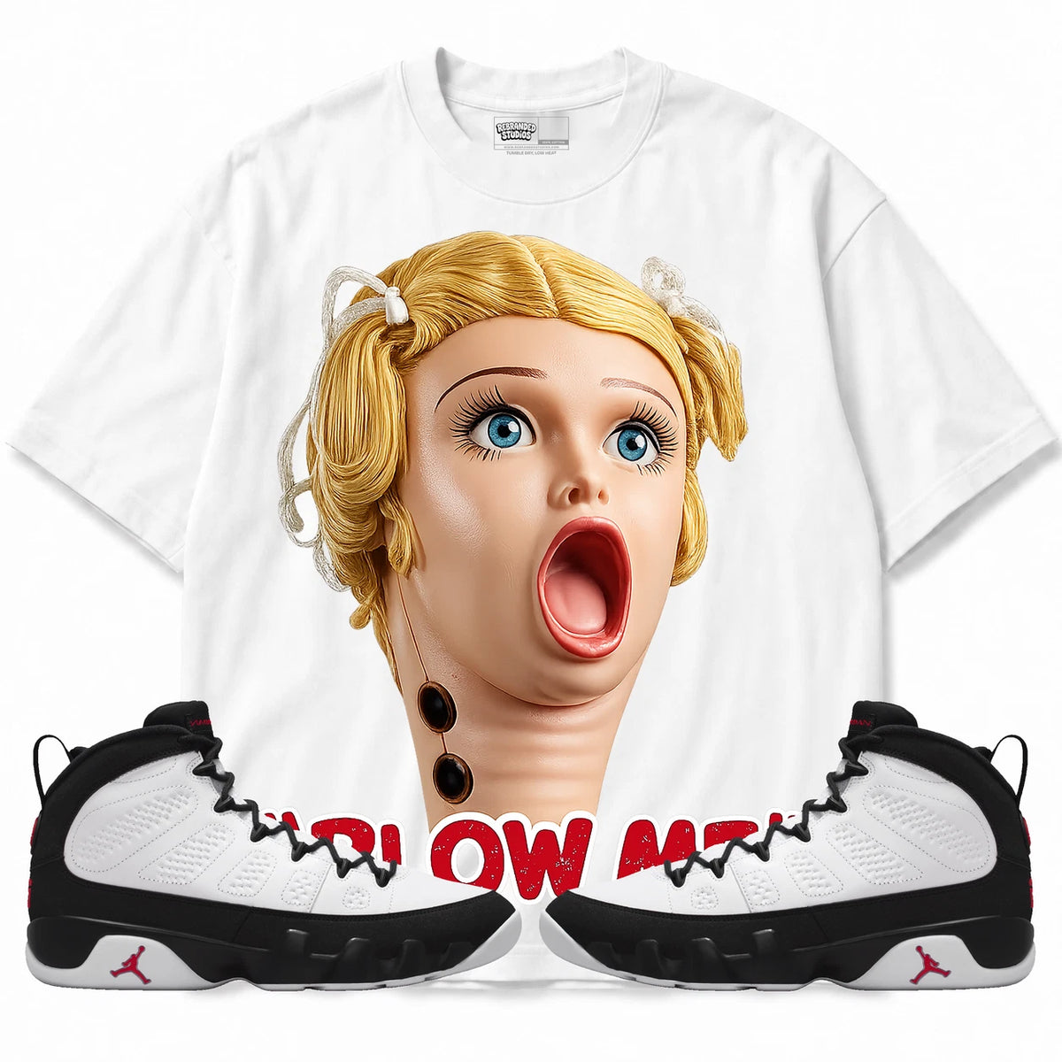 Rebranded Studios Blow Me Air Jordan 9 OG Space Jam White shirt — front with sneakers