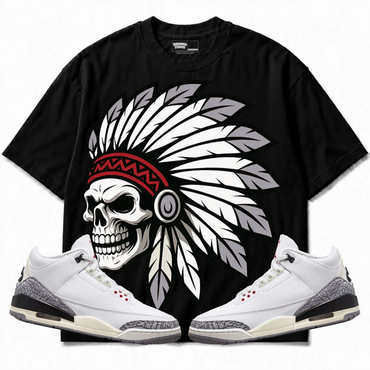 Rebranded Studios Chief 2.0 Air Jordan Retro 3 White Cement Collection Black shirt — front with sneakers