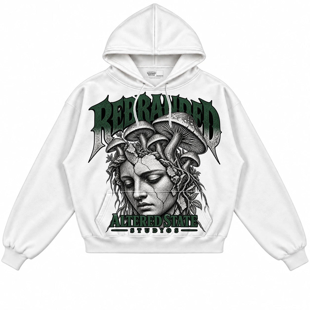 Rebranded Studios Altered State Air Jordan 14 Forest Green Collection white hoodie — front