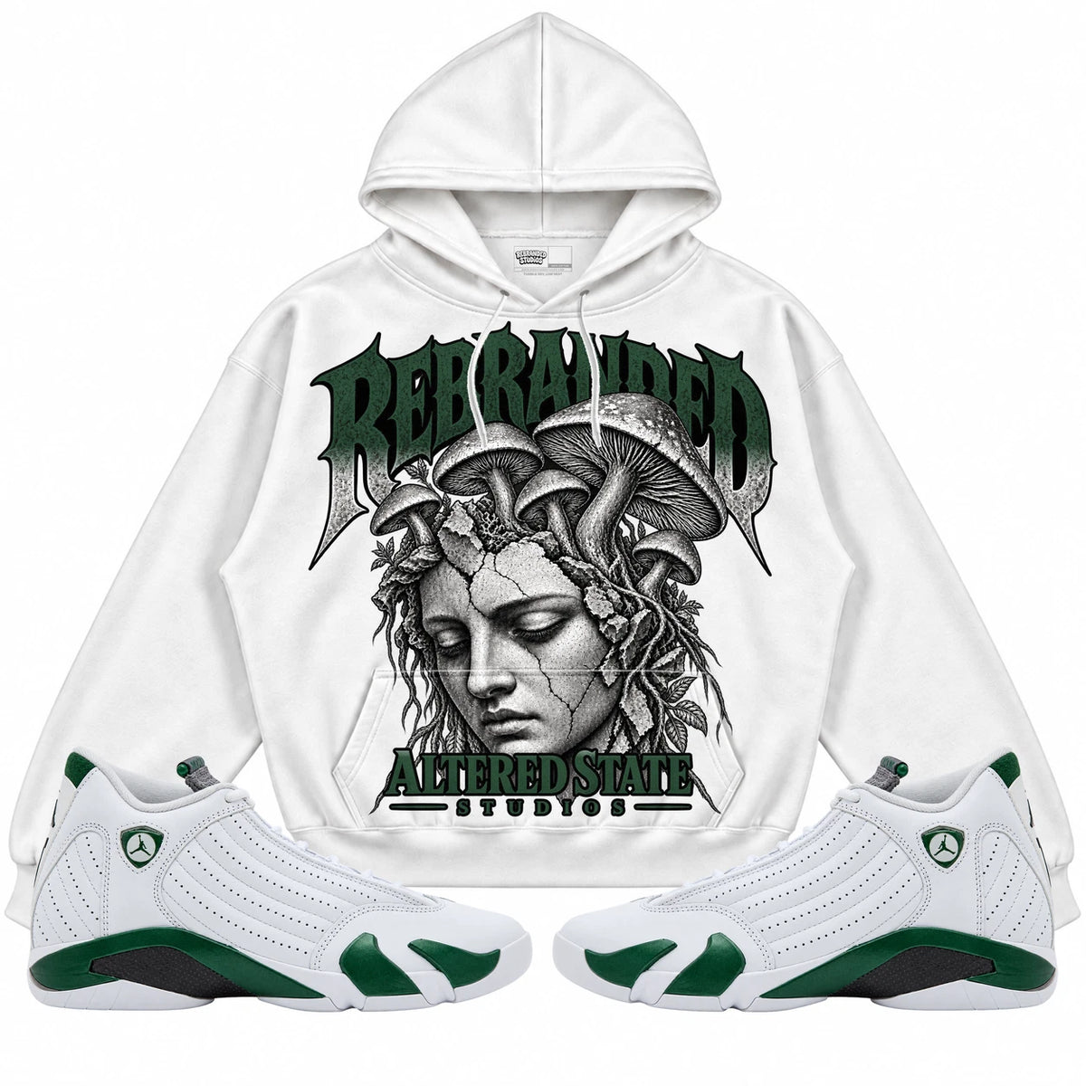 Rebranded Studios Altered State Air Jordan 14 Forest Green Collection white hoodie — front with sneakers