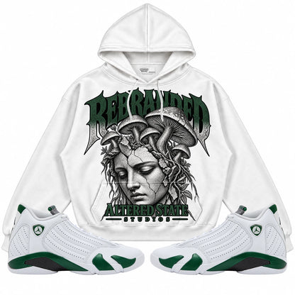 Rebranded Studios Altered State Air Jordan 14 Forest Green Collection white hoodie — front with sneakers