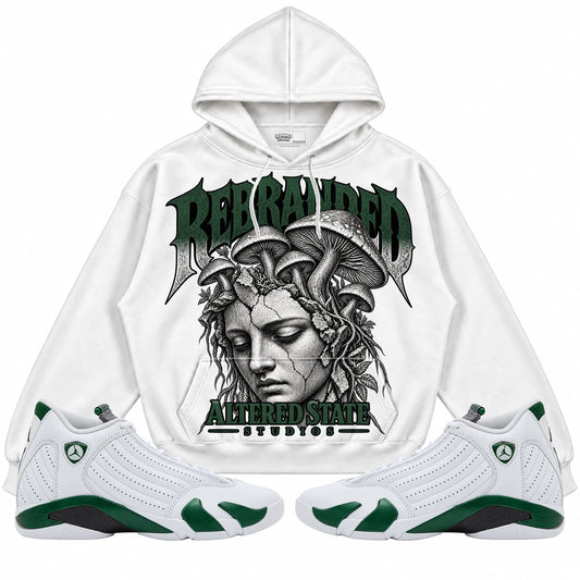 Rebranded Studios Altered State Air Jordan 14 Forest Green Collection white hoodie — front with sneakers