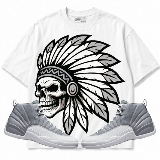 Rebranded Studios Chief 2.0 Air Jordan Retro 12 Stealth White shirt — front with sneakers