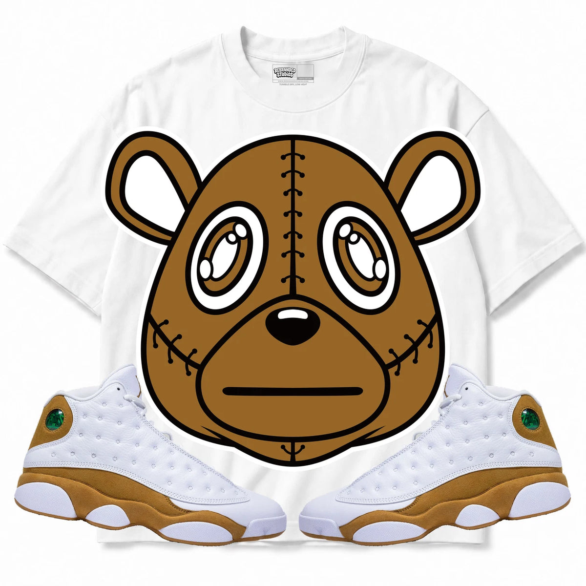 Rebranded Studios Rebranded Bear Air Jordan 13 Wheat Collection white shirt — front with sneakers