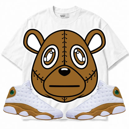 Rebranded Studios Rebranded Bear Air Jordan 13 Wheat Collection white shirt — front with sneakers