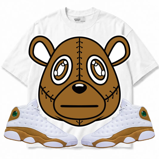 Rebranded Studios Rebranded Bear Air Jordan 13 Wheat Collection white shirt — front with sneakers