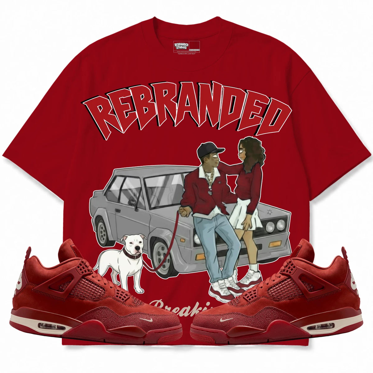 Rebranded Studios Heart Breaking Lover 2.0 Air Jordan 4 Brick By Brick red shirt — front with sneakers
