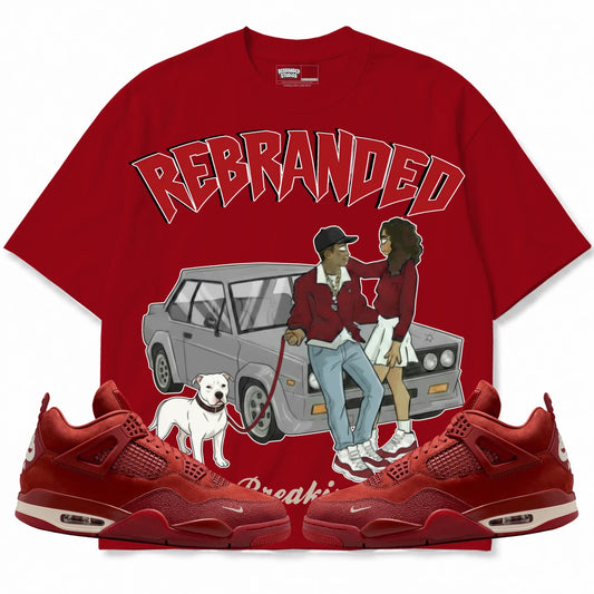 Rebranded Studios Heart Breaking Lover 2.0 Air Jordan 4 Brick By Brick red shirt — front with sneakers