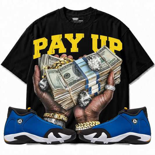 Rebranded Studios Pay Up Air Jordan 14 Laney Collection Black shirt — front with sneakers