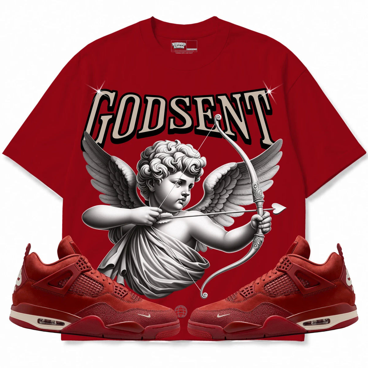 Rebranded Studios God Sent Air Jordan 4 Brick By Brick red shirt — front with sneakers