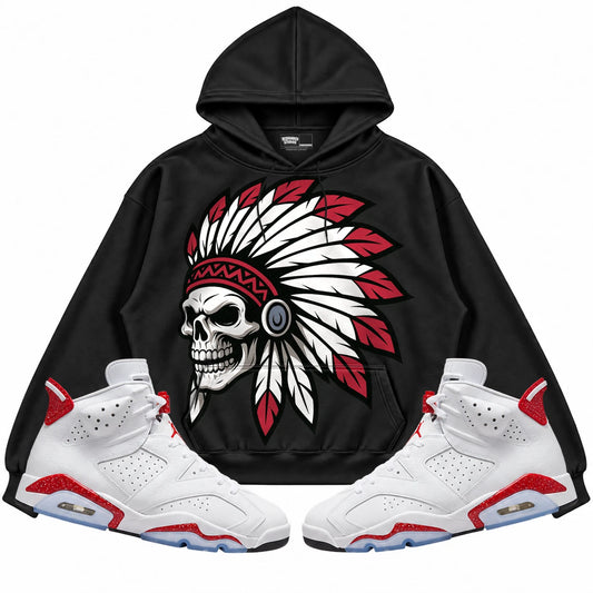 Rebranded Studios Chief 2.0 Air Jordan Retro 6 Red Oreo Black hoodie — front with sneakers