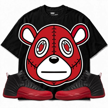 Rebranded Studios Rebranded Bear Air Jordan 12 Flu Game Collection Black shirt — front with sneakers