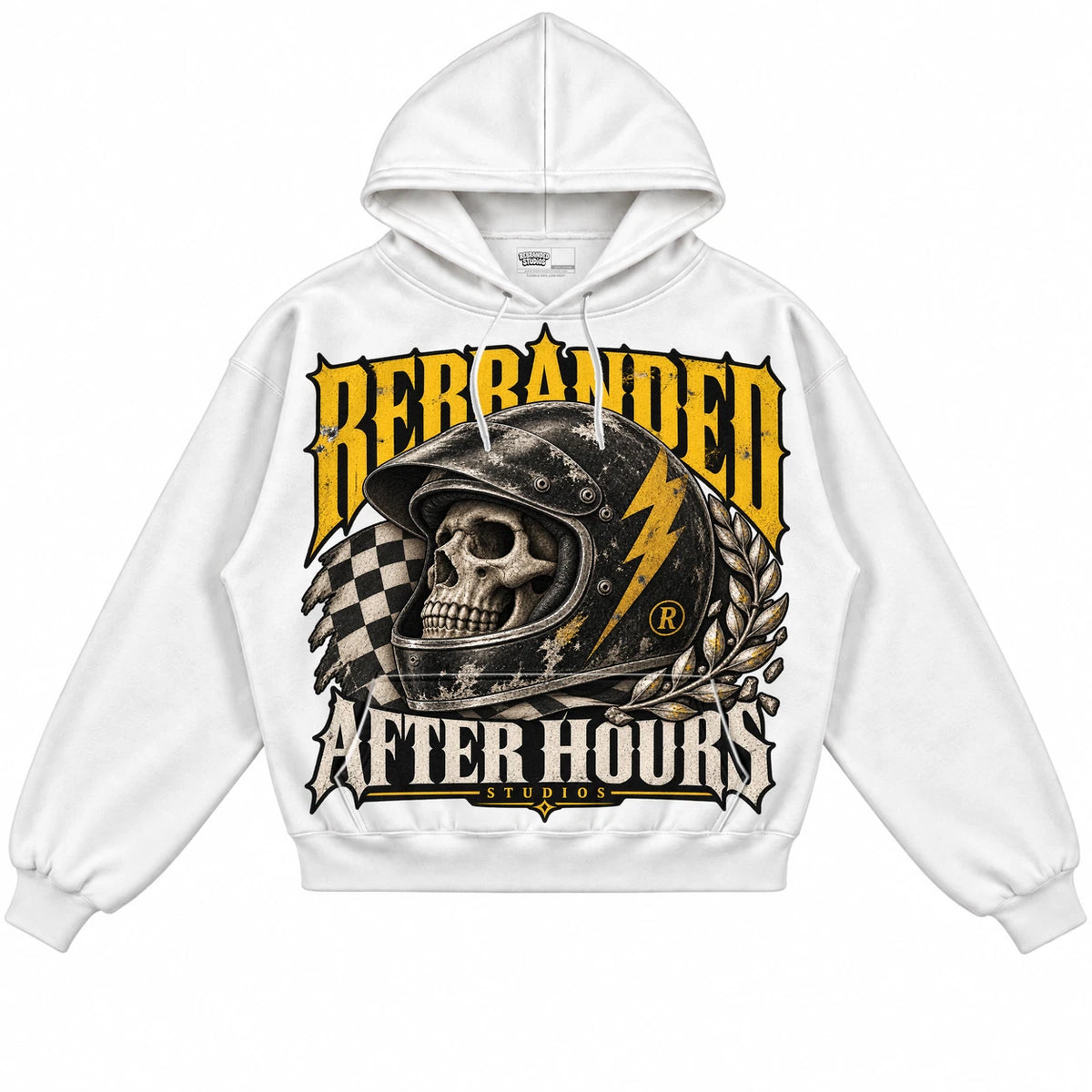 Rebranded Studios After Hours Air Jordan 4 Tour Yellow Collection white hoodie — front