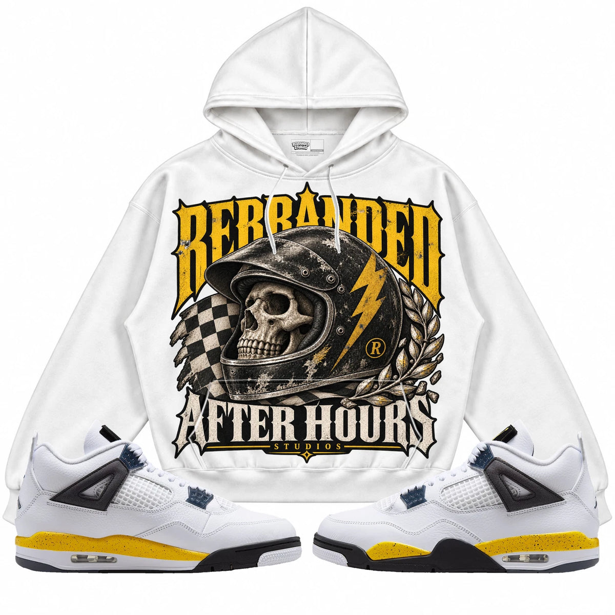 Rebranded Studios After Hours Air Jordan 4 Tour Yellow Collection white hoodie — front with sneakers