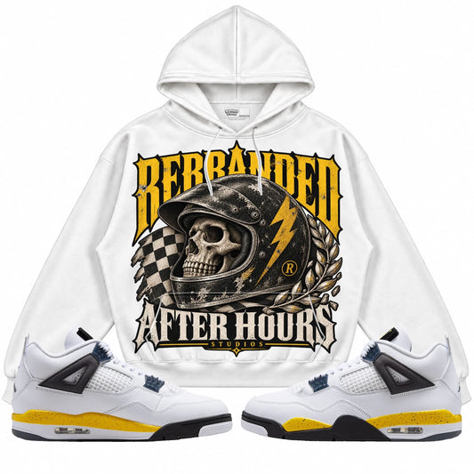 Rebranded Studios After Hours Air Jordan 4 Tour Yellow Collection white hoodie — front with sneakers