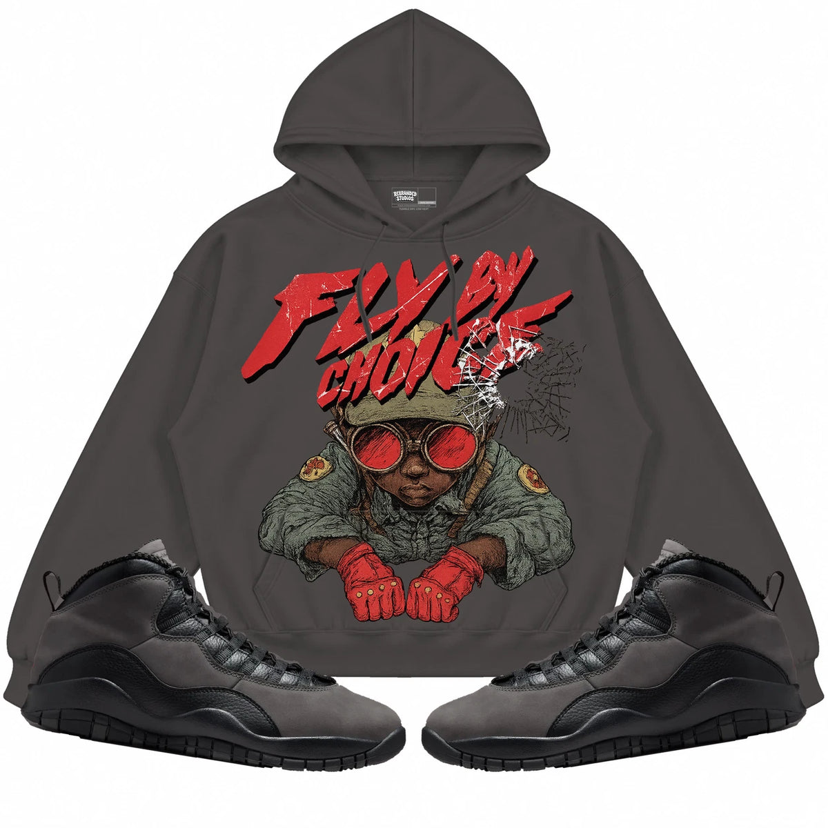Rebranded Studios Fly By Choice Air Jordan 10 Shadow Collection charcoal gray hoodie — front with sneakers