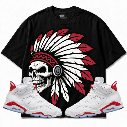 Rebranded Studios Chief 2.0 Air Jordan Retro 6 Red Oreo Black shirt — front with sneakers