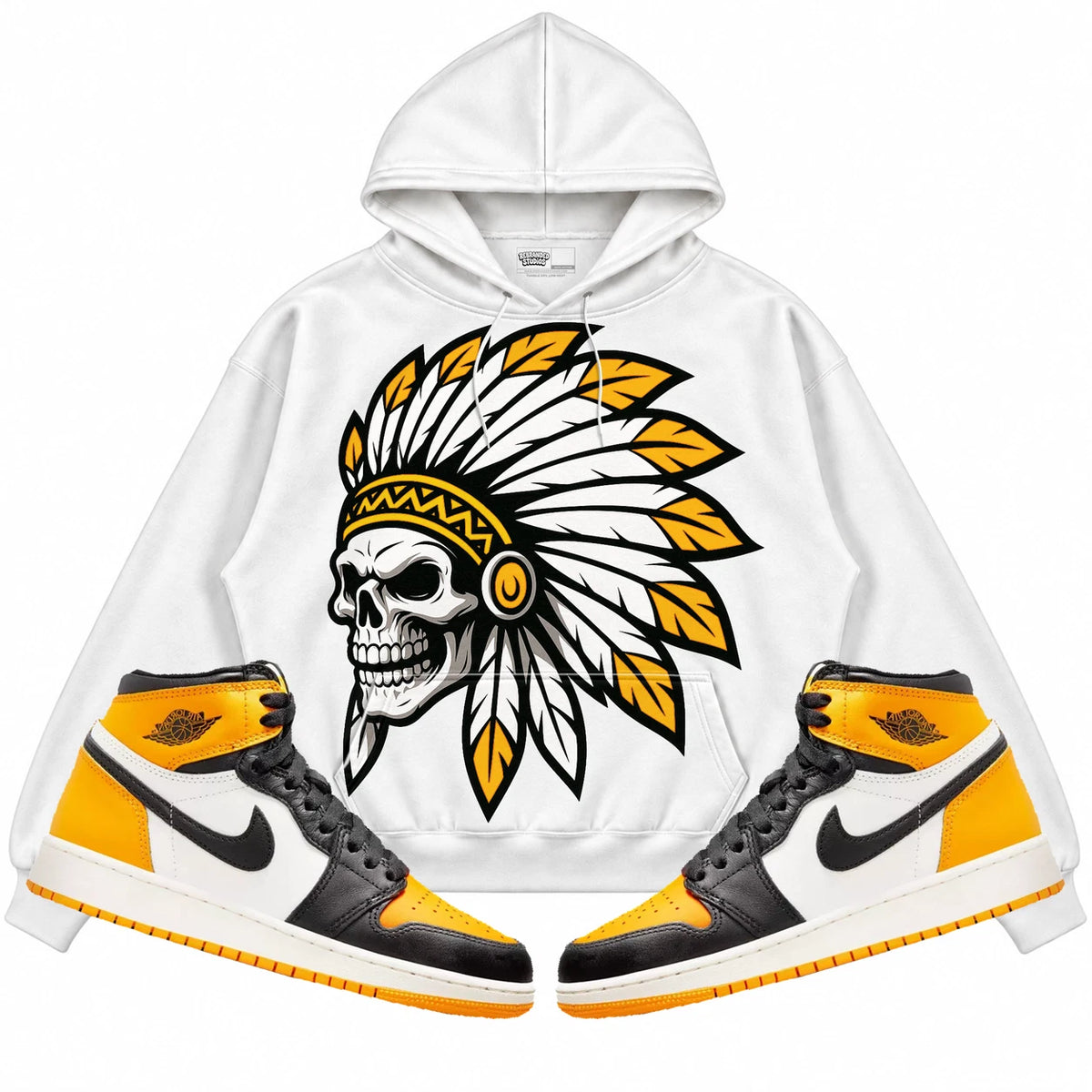 Rebranded Studios Chief 2.0 Air Jordan Retro 1 Taxi White hoodie — front with sneakers