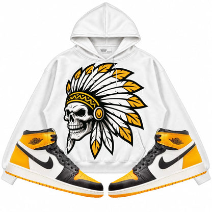 Rebranded Studios Chief 2.0 Air Jordan Retro 1 Taxi White hoodie — front with sneakers