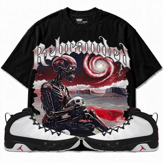 Rebranded Studios Rebranded Future Air Jordan 9 OG Space Jam Black T-shirt — front with matching sneakers