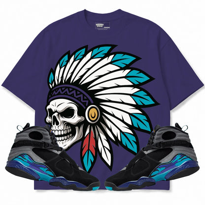 Rebranded Studios Chief 2.0 Air Jordan 8 Aqua purple shirt — front with sneakers