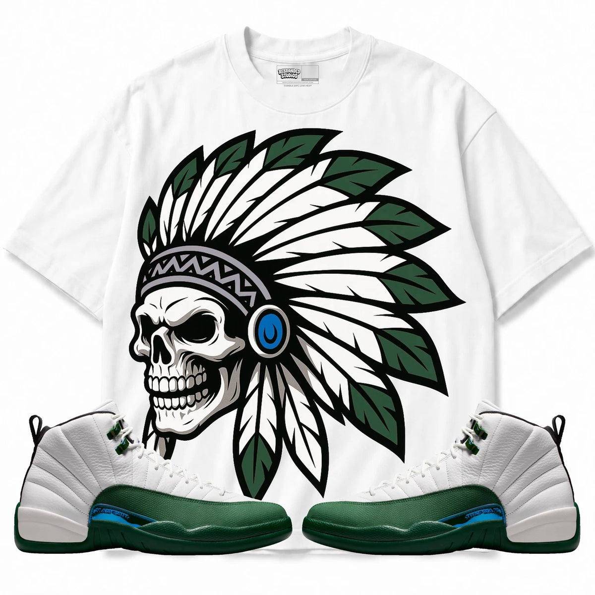 Rebranded Studios Chief 2.0 Air Jordan 12 Bucks white shirt — front with sneakers