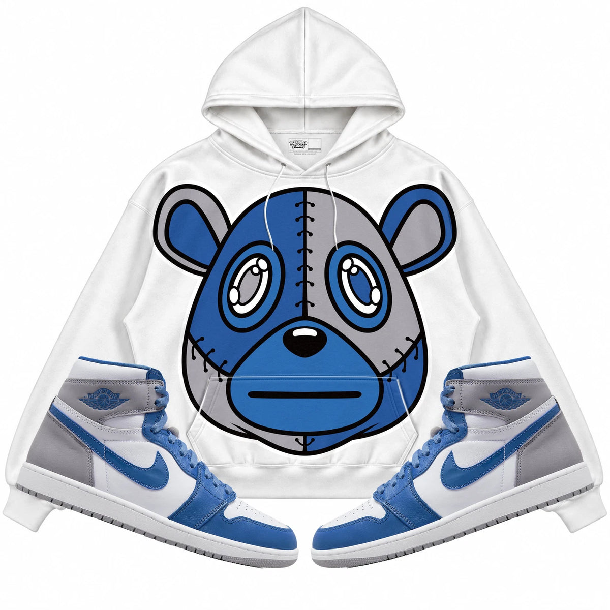 Rebranded Studios Rebranded Bear Air Jordan Retro 1 True Blue White hoodie — front with sneakers