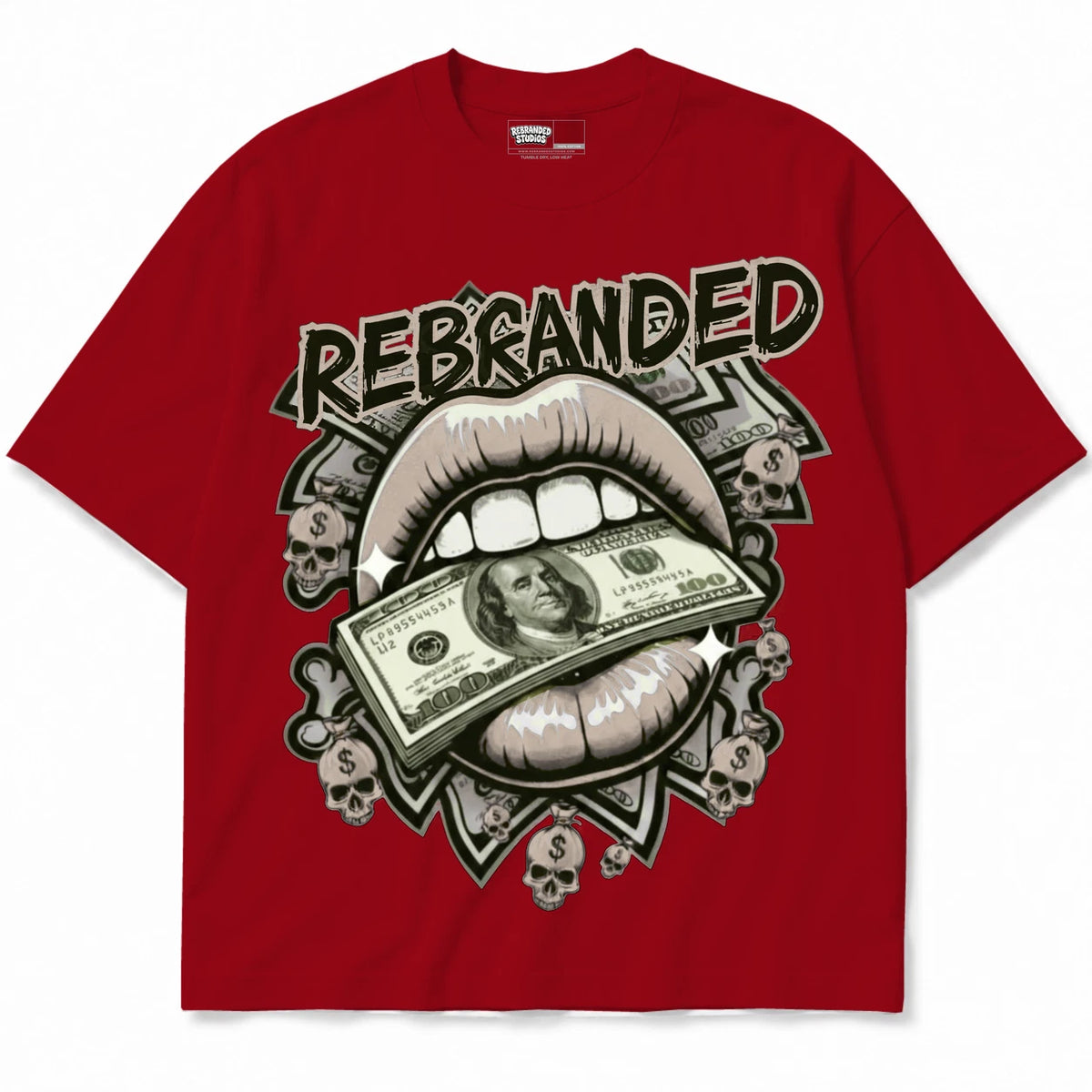 Rebranded Studios Money Is The Motive Lips Air Jordan 4 Brick By Brick red shirt — front
