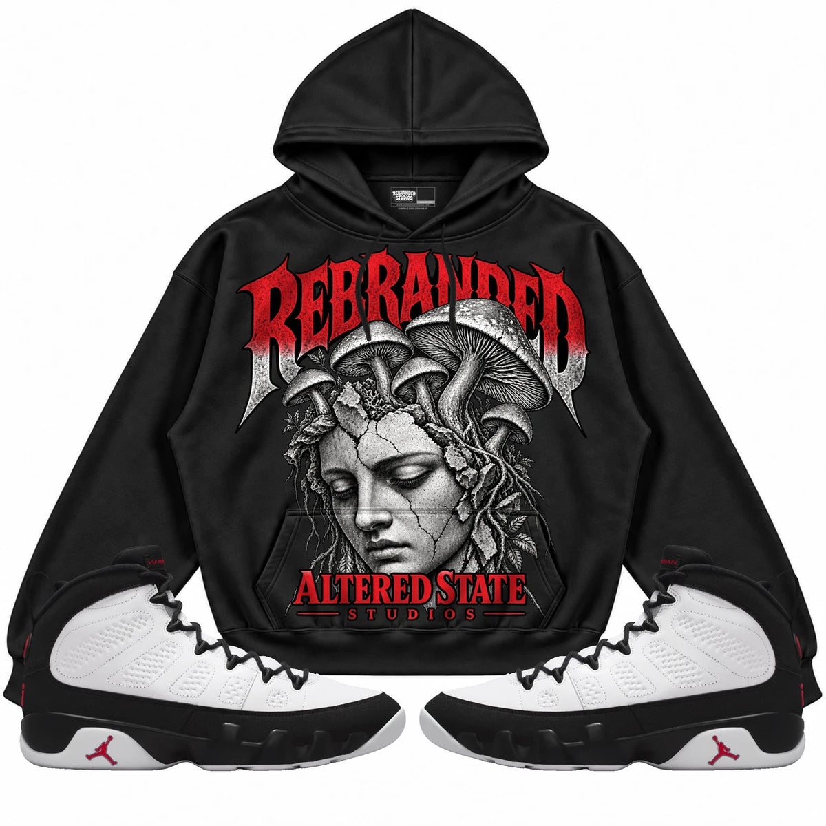 Rebranded Studios Altered State Air Jordan 9 OG Space Jam Collection black hoodie — front with sneakers